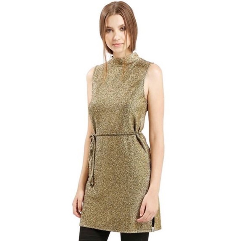 NWT 💫 TOPSHOP Gold Metallic Mock Meck Mini Dress